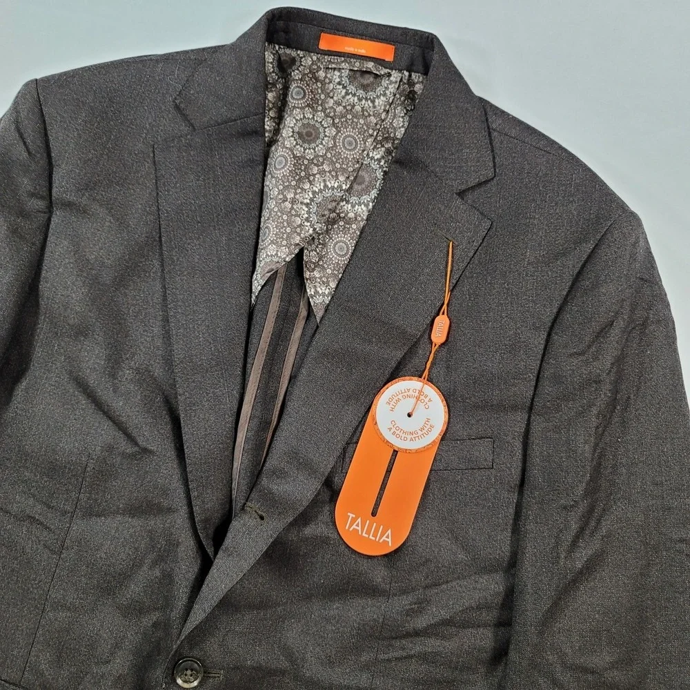 Tallia Slim-Fit Blazer Mens 44L 44 Solid Brown Wool Stretch Suit Jacket $425 NEW